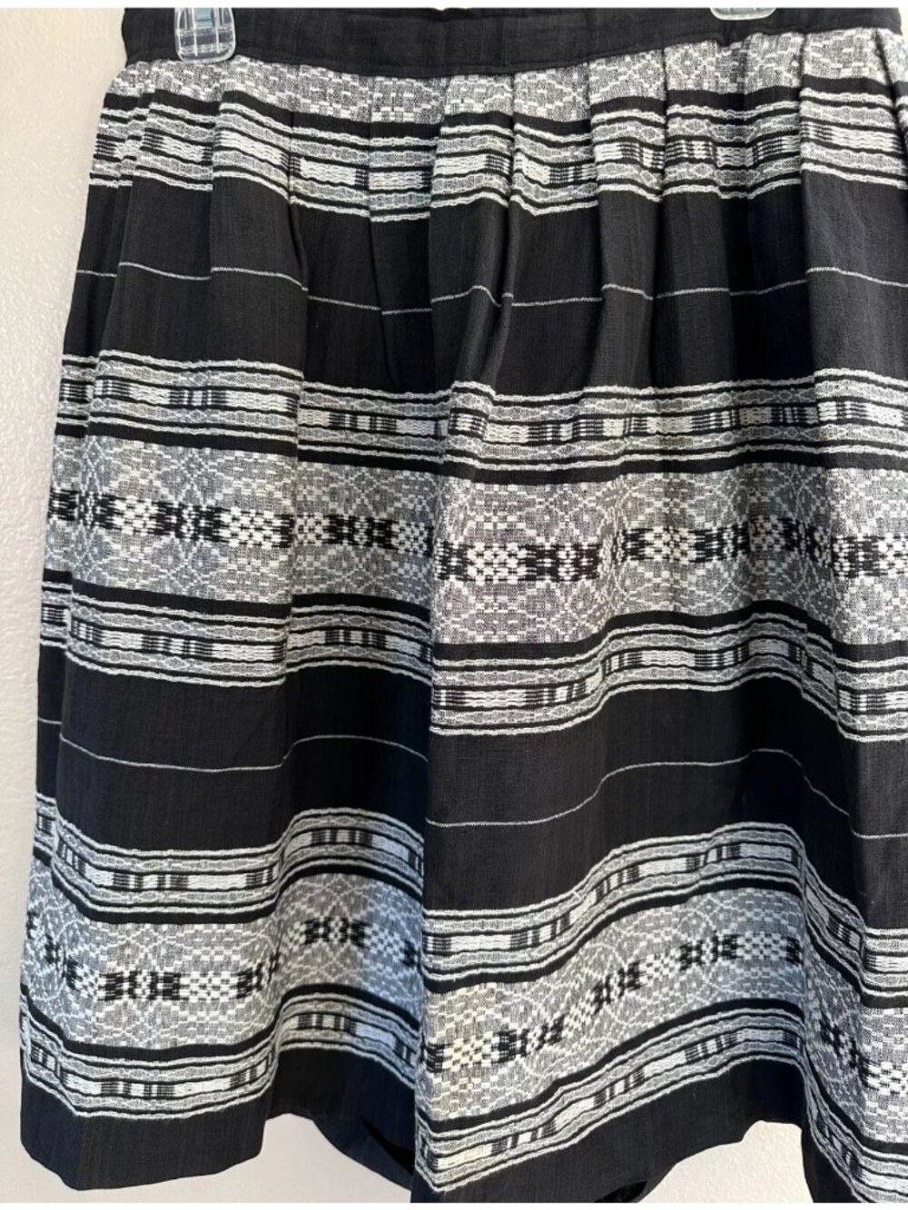Black White Woven Knee-Length A-Line Skirt Striped Ethnic Pattern Pleated - Picture 4 of 8